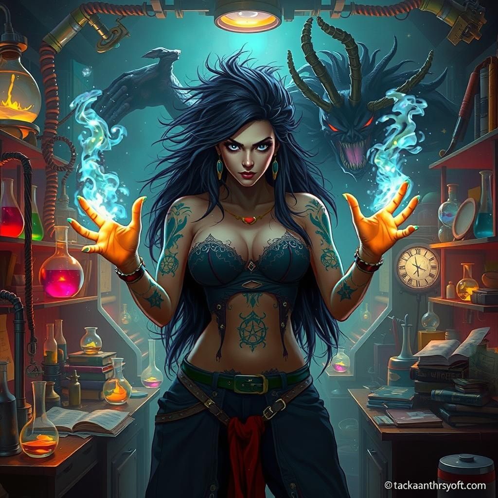 Confident Witch in Chaotic Neon Laboratory