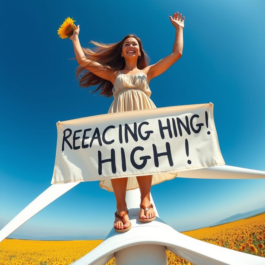 Woman on Wind Turbine in Sunflower Field