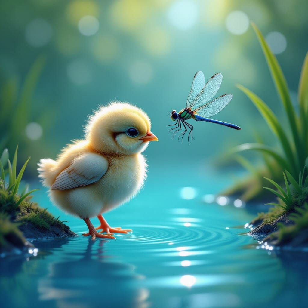 Fluffy Chick Beside Blue Pond With Dragonfly, Fantasy Art