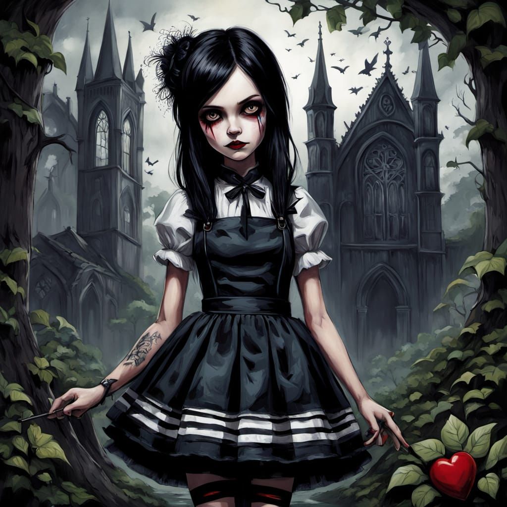Gothic Punk Alice Illustration in Chiaroscuro Style