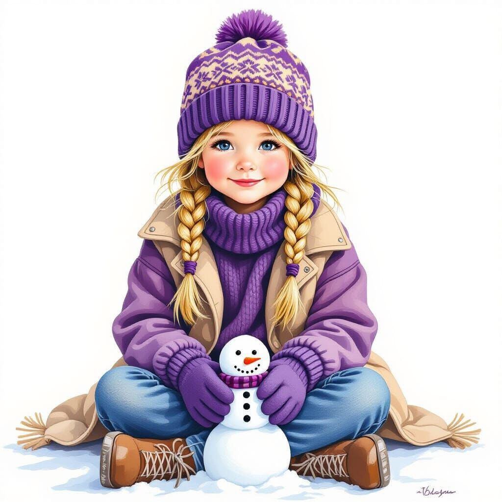 Whimsical Girl with Snowman in Colored Pencil Art Style