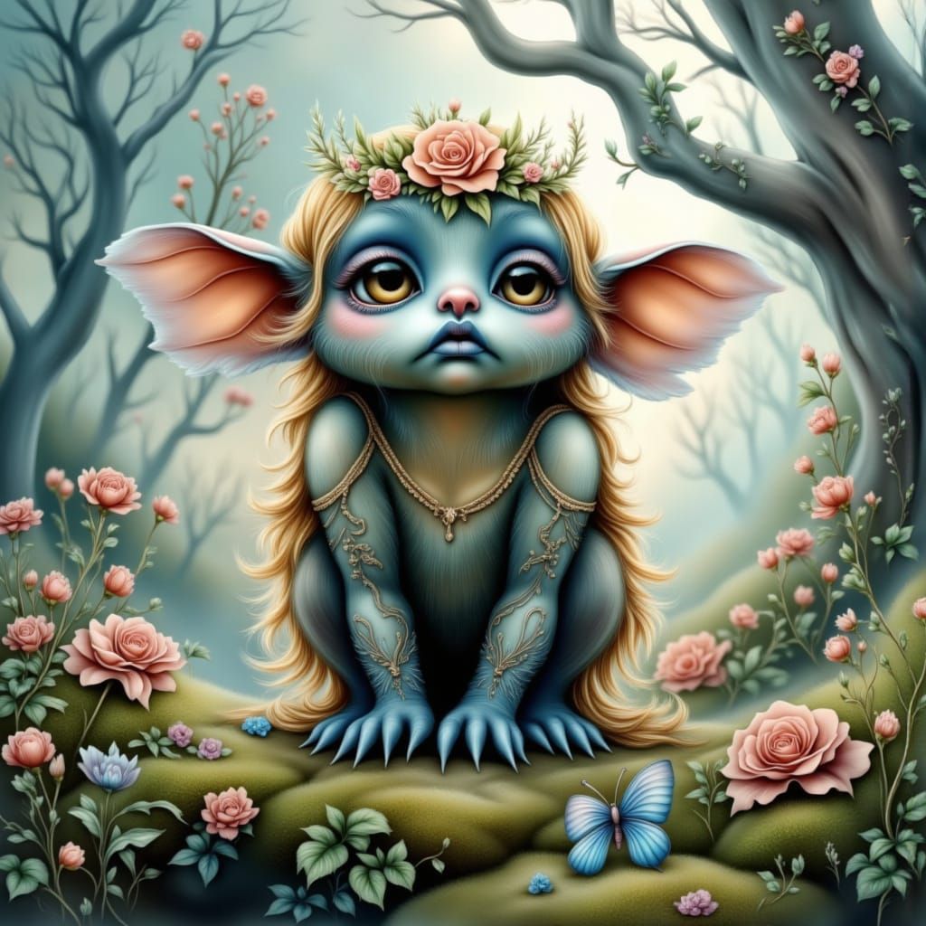 Dreamy Woman Surrounded by Flowers in Foggy Landscape