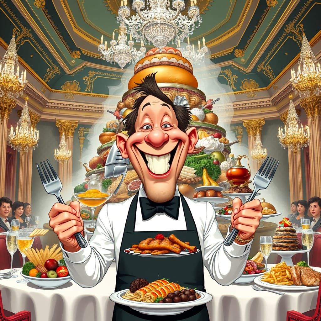 Joyful Food Critic in Baroque Dining Hall