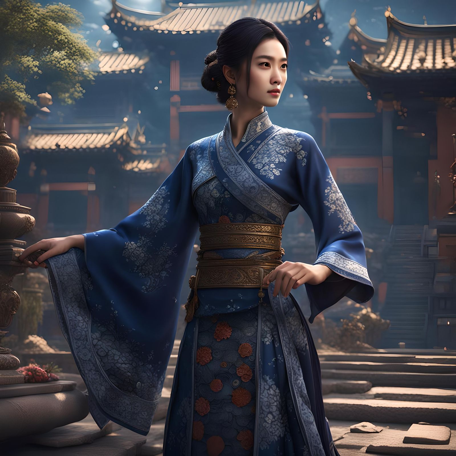 Beautiful Asian Woman in Indigo Digital Art