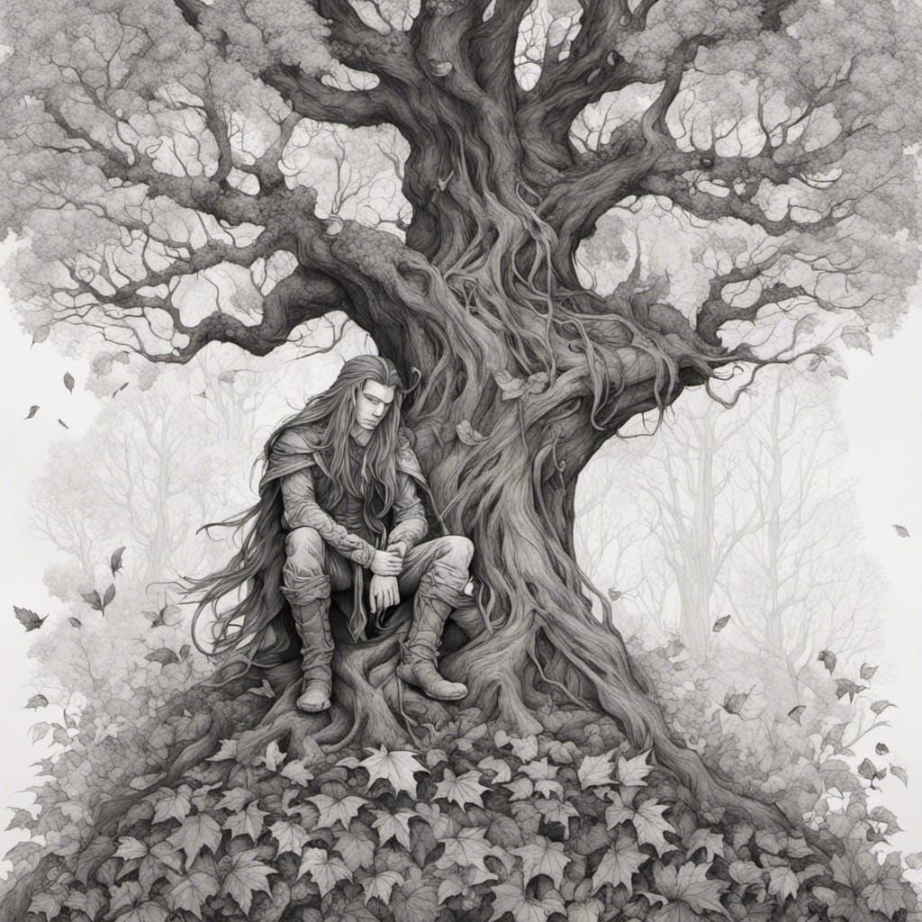 Elf and Fall Tree Ink Drawing