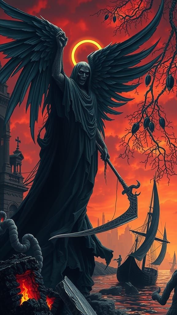 Death Reaping Souls in Dark Surreal Landscape