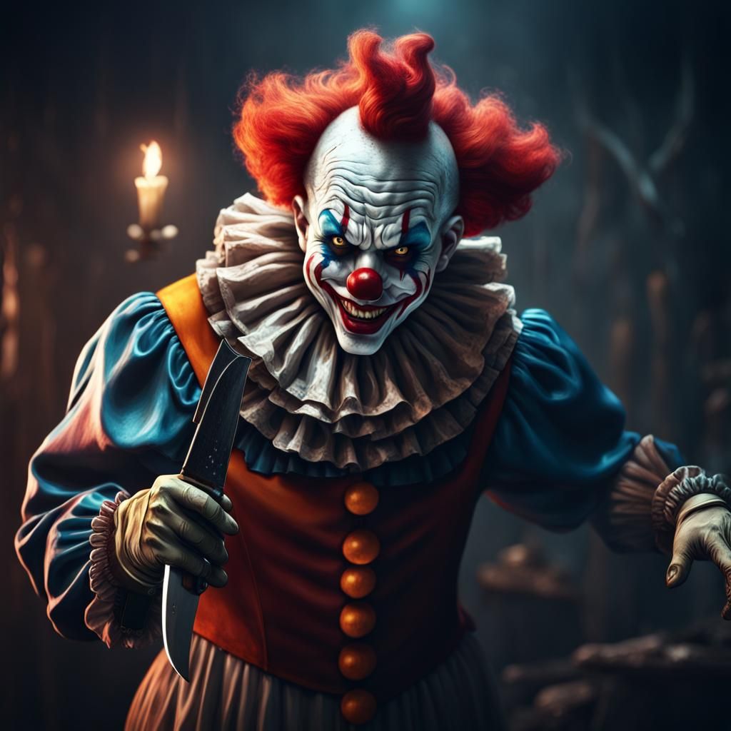 Menacing Clown with Knife in Detailed Matte Painting