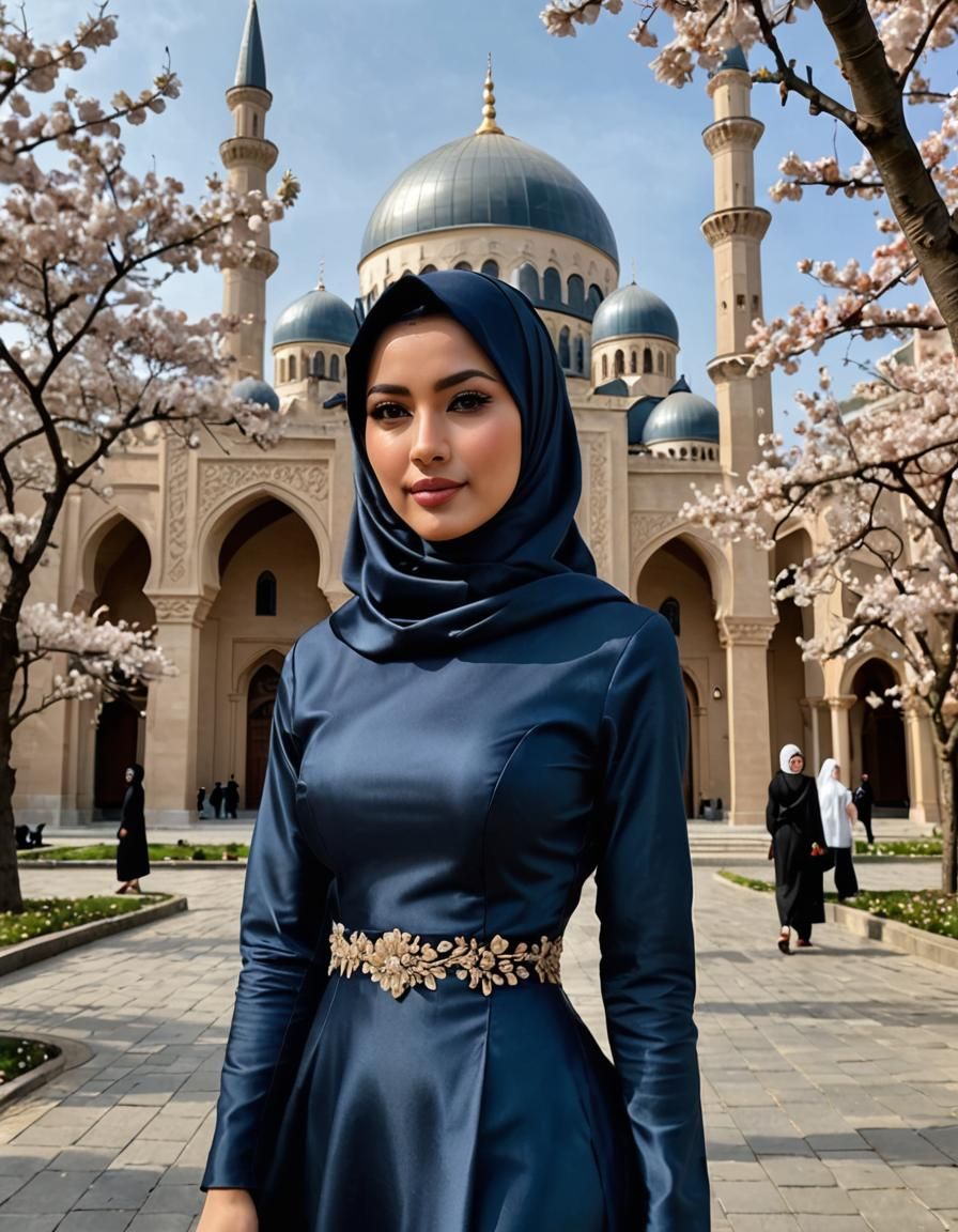 Stunning Indonesian Woman in Cherry Blossom Mosque
