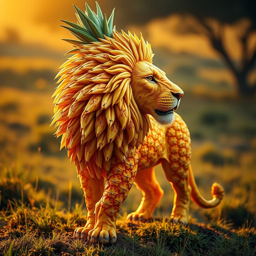 Pineapple Lion on the Savannah: Hyperrealistic Digital Art