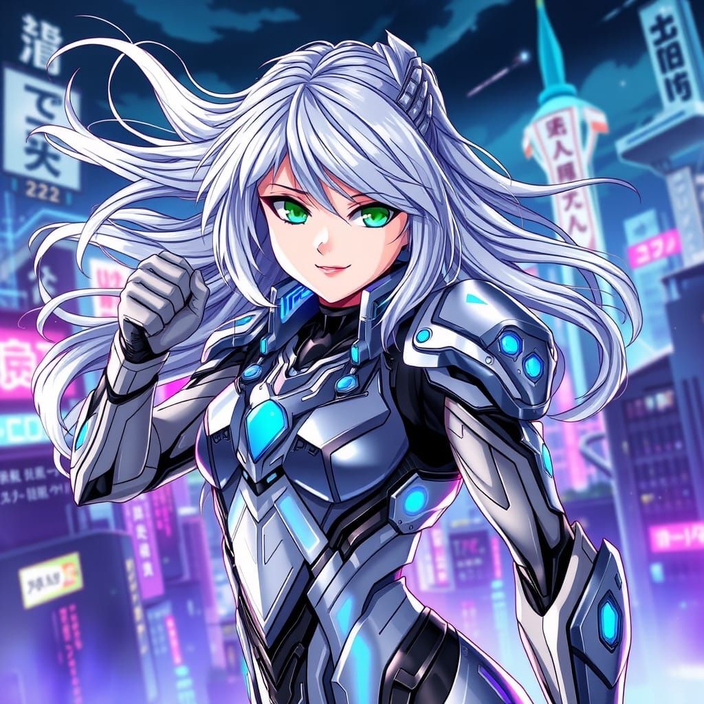 Heroic Female Warrior in High-Tech Exosuit, Anime-Inspired L...