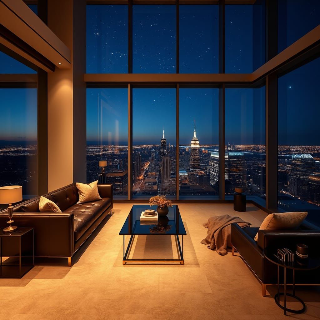 Luxurious Penthouse Suite at Night with Modern City Views