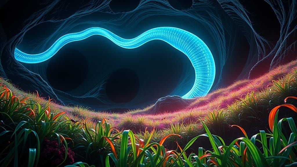 Gigantic Glowing Worm Emerges in Bioluminescent Landscape