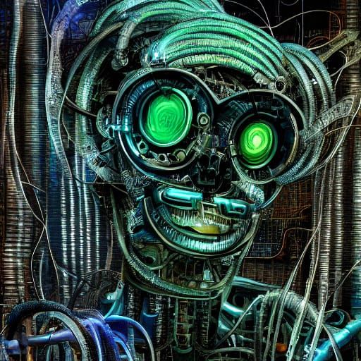 Cyberpunk Bio-Mechanical Robot in Dark Industrial Environmen...