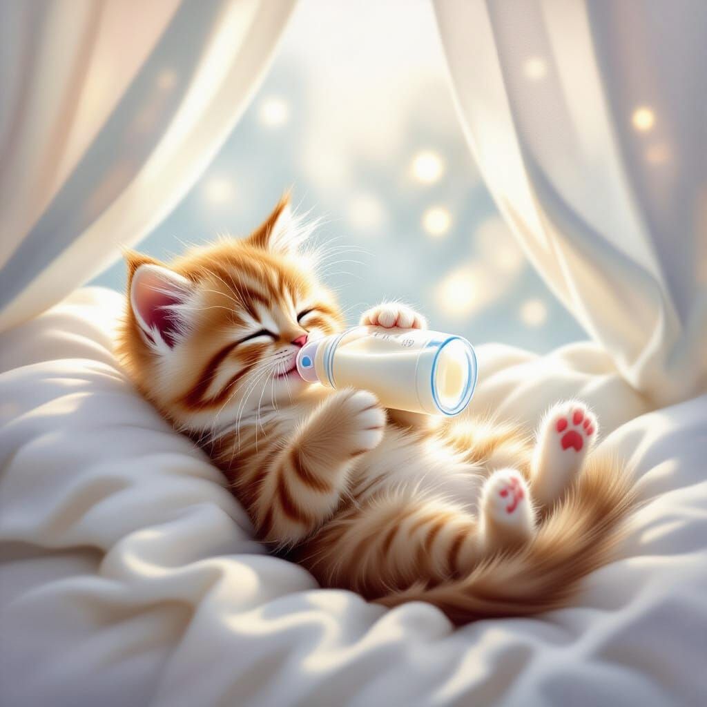 Kitten Drinking Milk in Watercolor Style