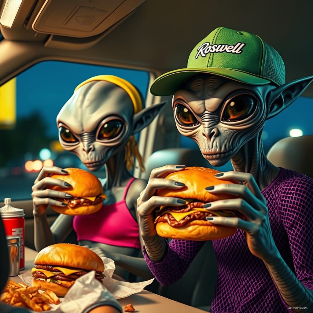 Aliens Enjoy Burgers at Drive-Thru