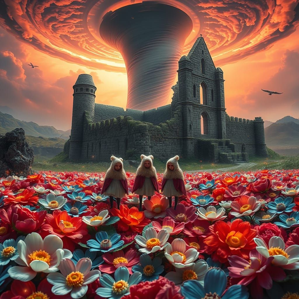 Castle Ruin with Tornado in Cyberpunk Style