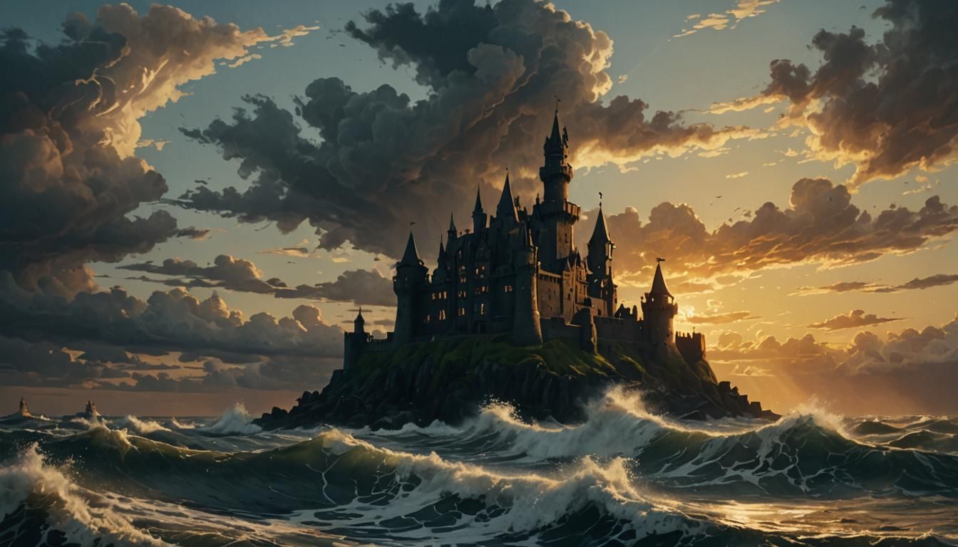 Black Castle Rises from Ocean in Oil Painting Style