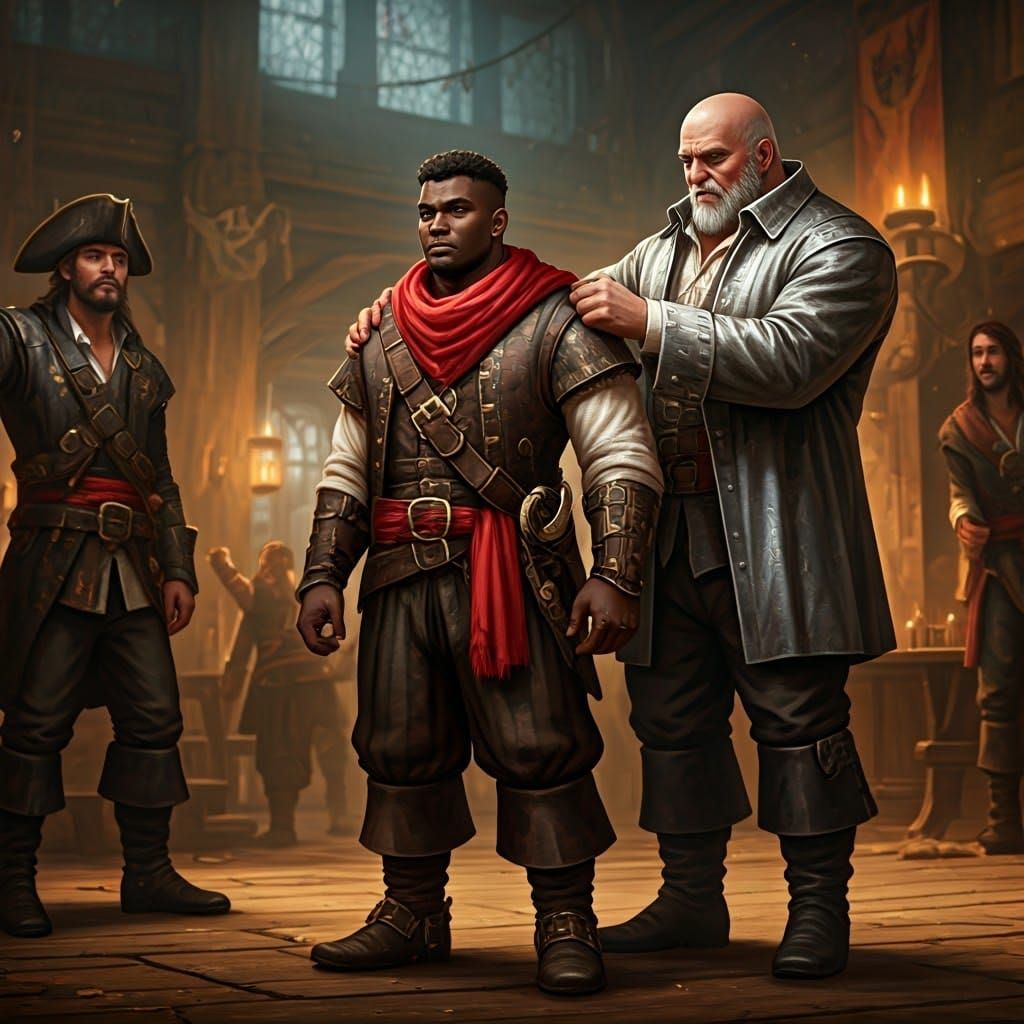 Medieval Pirate Trio Pose with Ornate Scarf in Tavern Settin...