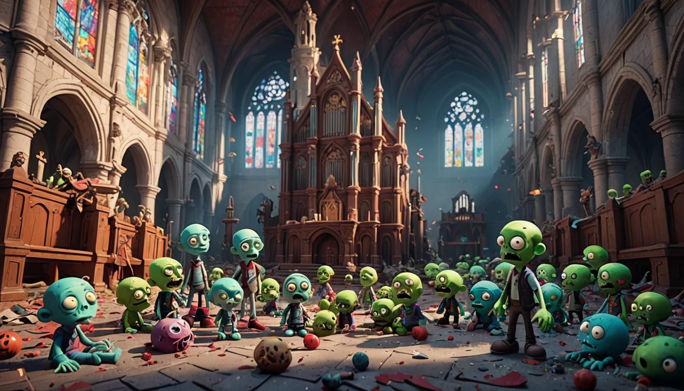 Toy Zombies in Devastated Church: Pixar-Style 3D Art