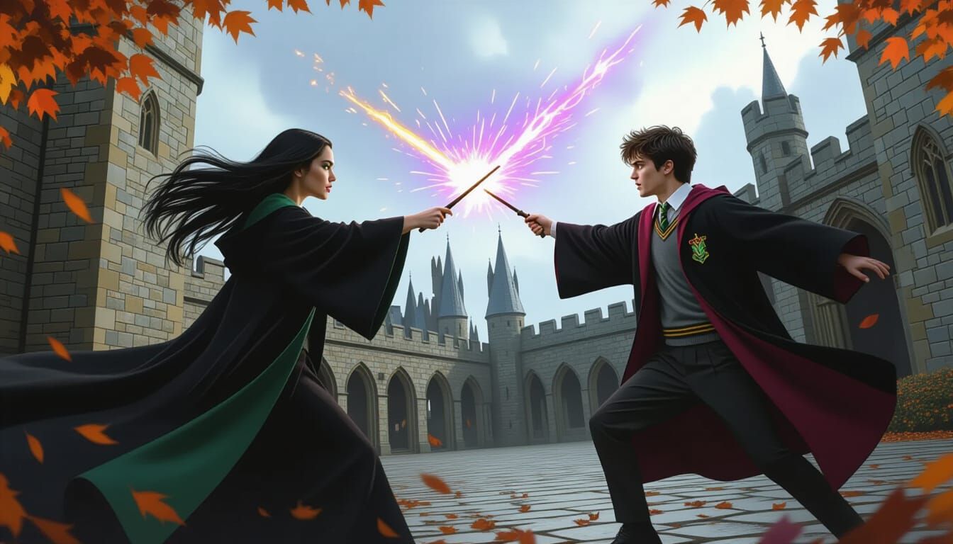 Wizard Duel in Hogwarts Courtyard, Digital Painting