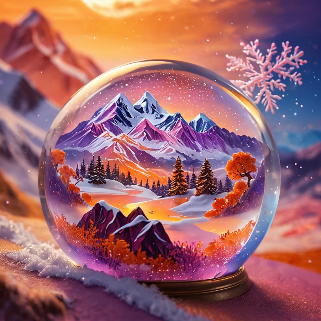 Sunset Mountain Landscape in Snow Globe Art