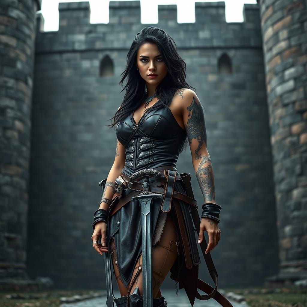 Female Warrior Before Medieval Castle in Flux Rendering Styl...