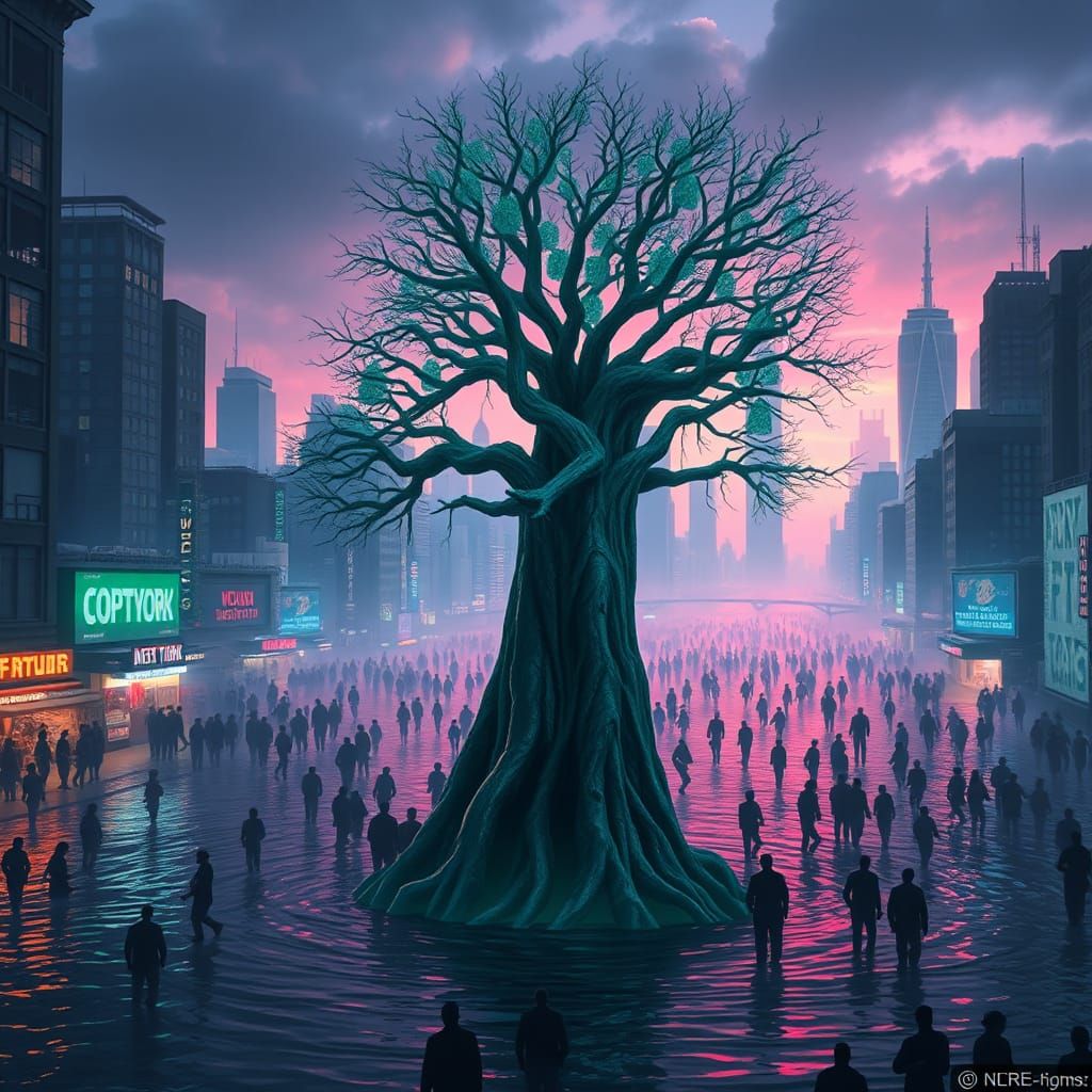 Dreamlike Leopard Shaman in Flooded Cityscape