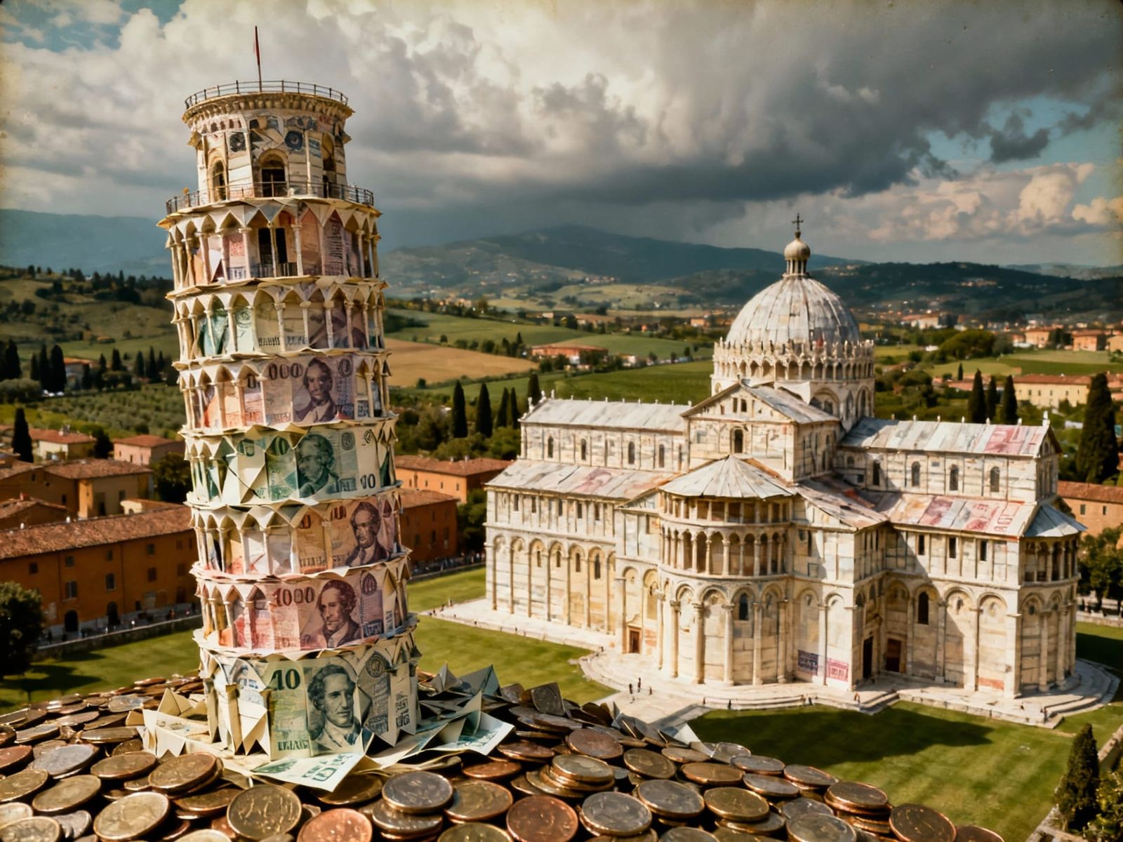 Leaning Tower of Pisa Made from Italian Coins and Lira