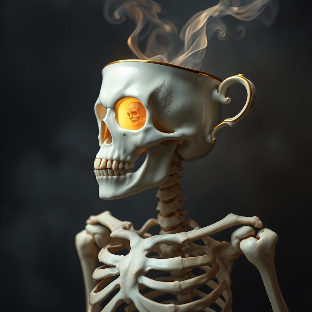 Surreal Skeleton Coffee Cup Rises in Ethereal Steam