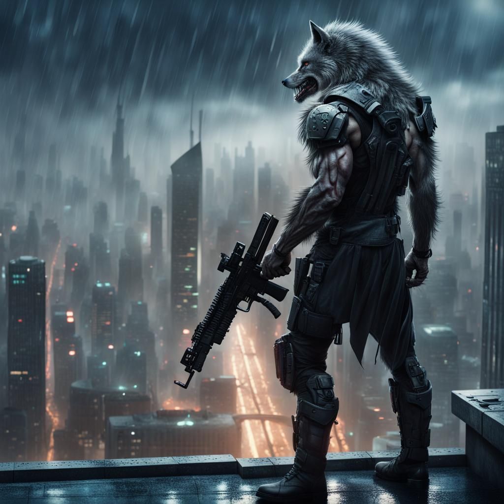 Cyberpunk Warrior Werewolf Overlooks Rainy City