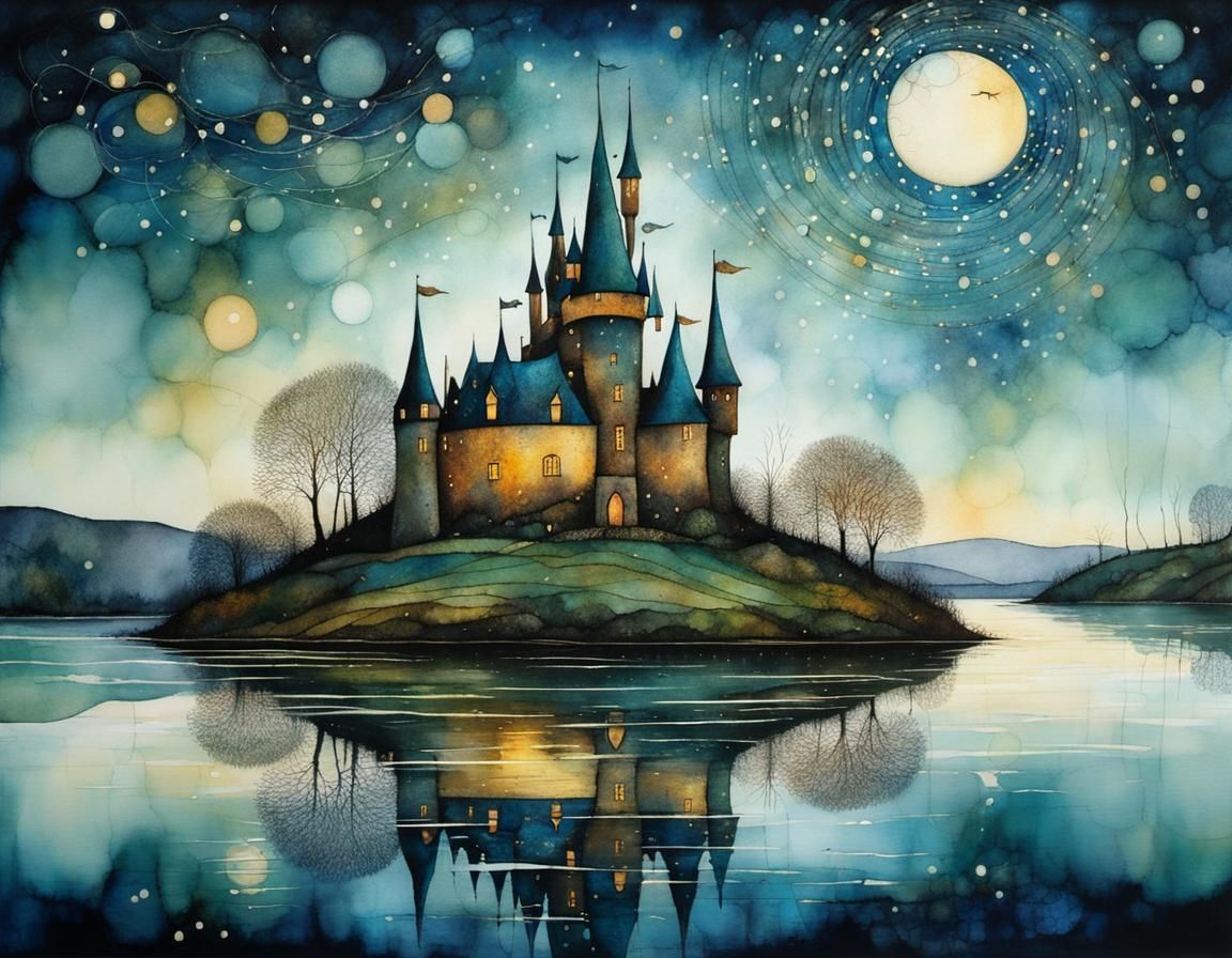 Enchanted Fairy Castle Beside Lake, Whimsical Illustration