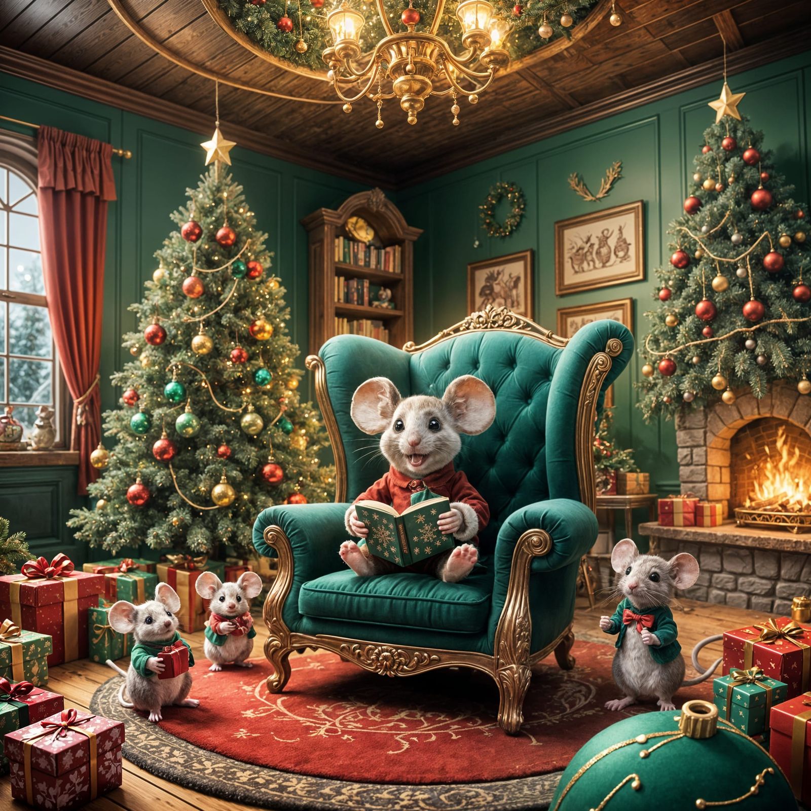 Whimsical Mouse Family Christmas in the Tree