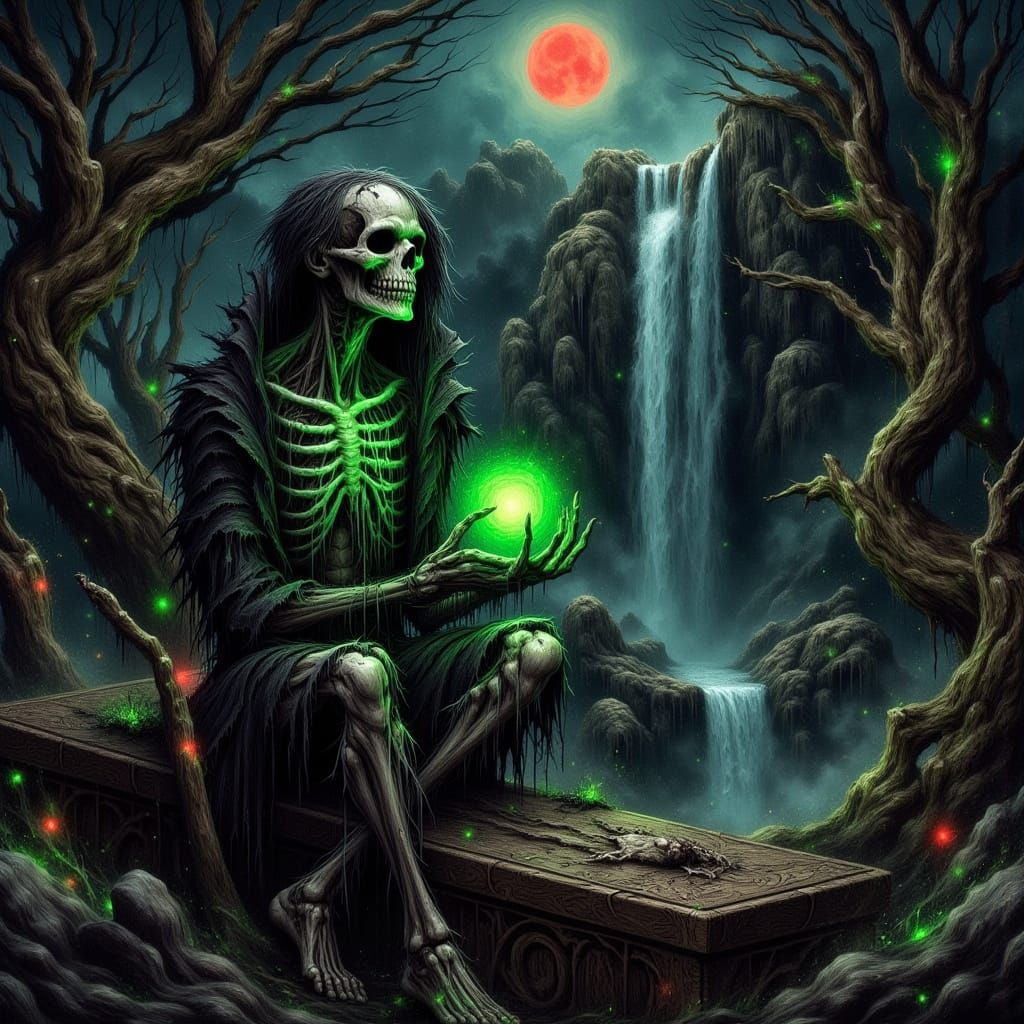 Skeletal Old Man with Glowing Orb and Crimson Moon