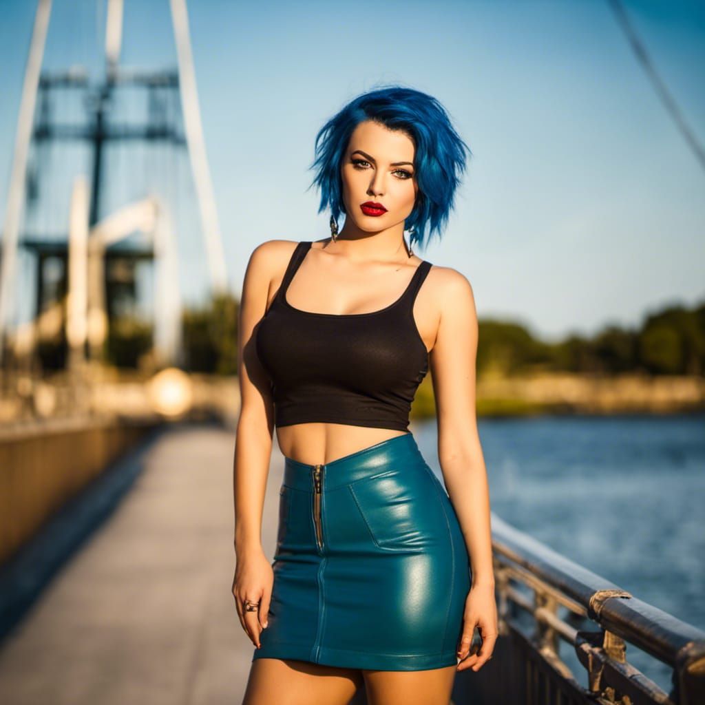 Punk Girl with Blue Hair in Leather Skirt