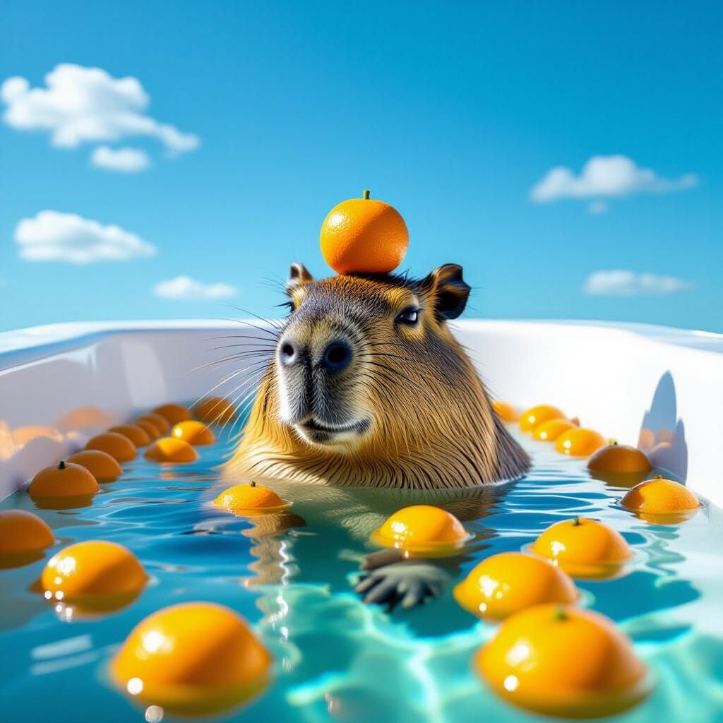 Relaxed Capybara Enjoys Orange-Infused Bath Under Golden Hou...