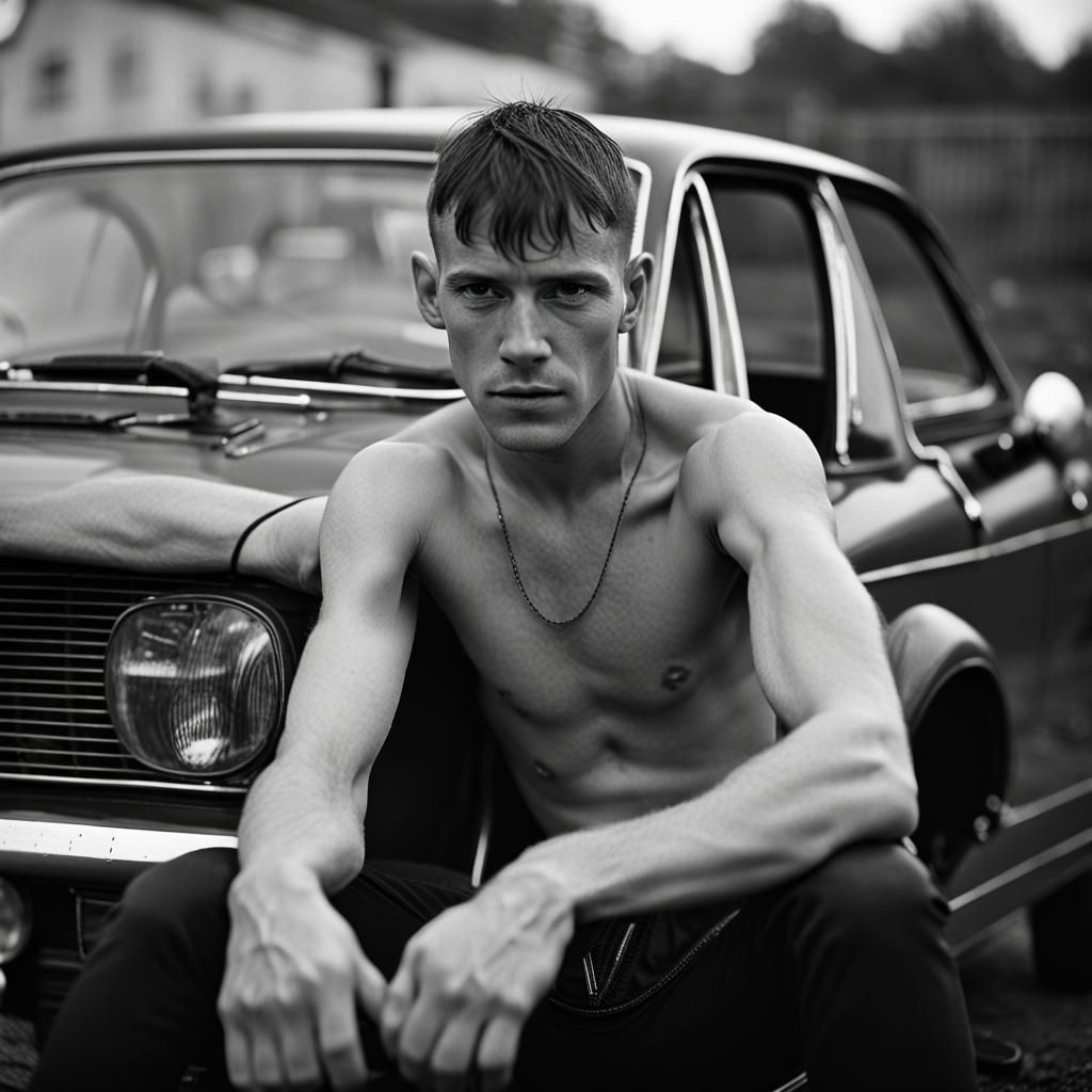 British Skinhead Portrait on Ford Capri, 1980s Style