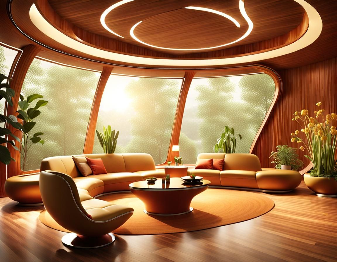 Futuristic Oval Room Interior with Wooden Elements