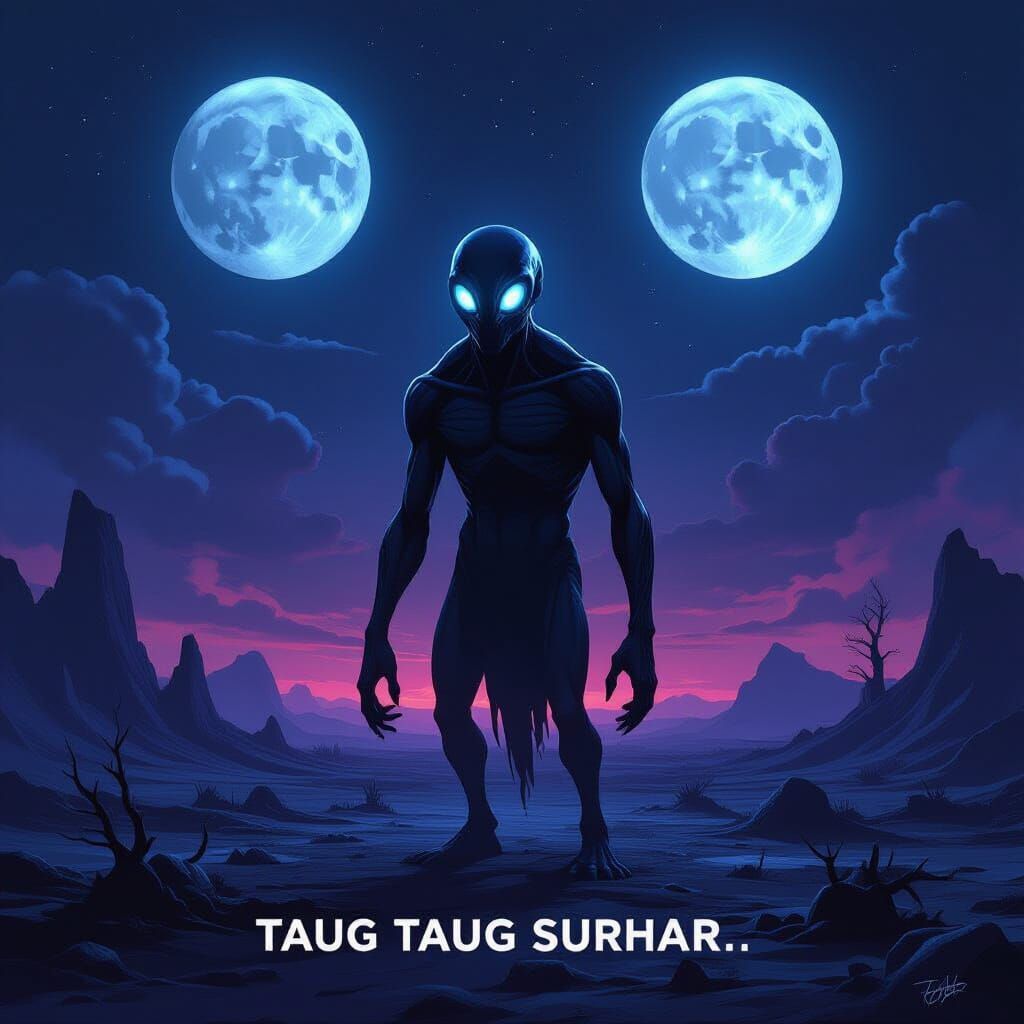 Surreal Alien Figure in Desolate Landscape