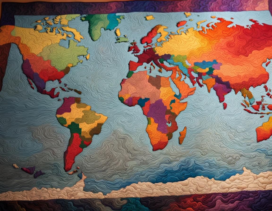 Detailed World Map Quilt in Splash Art Style
