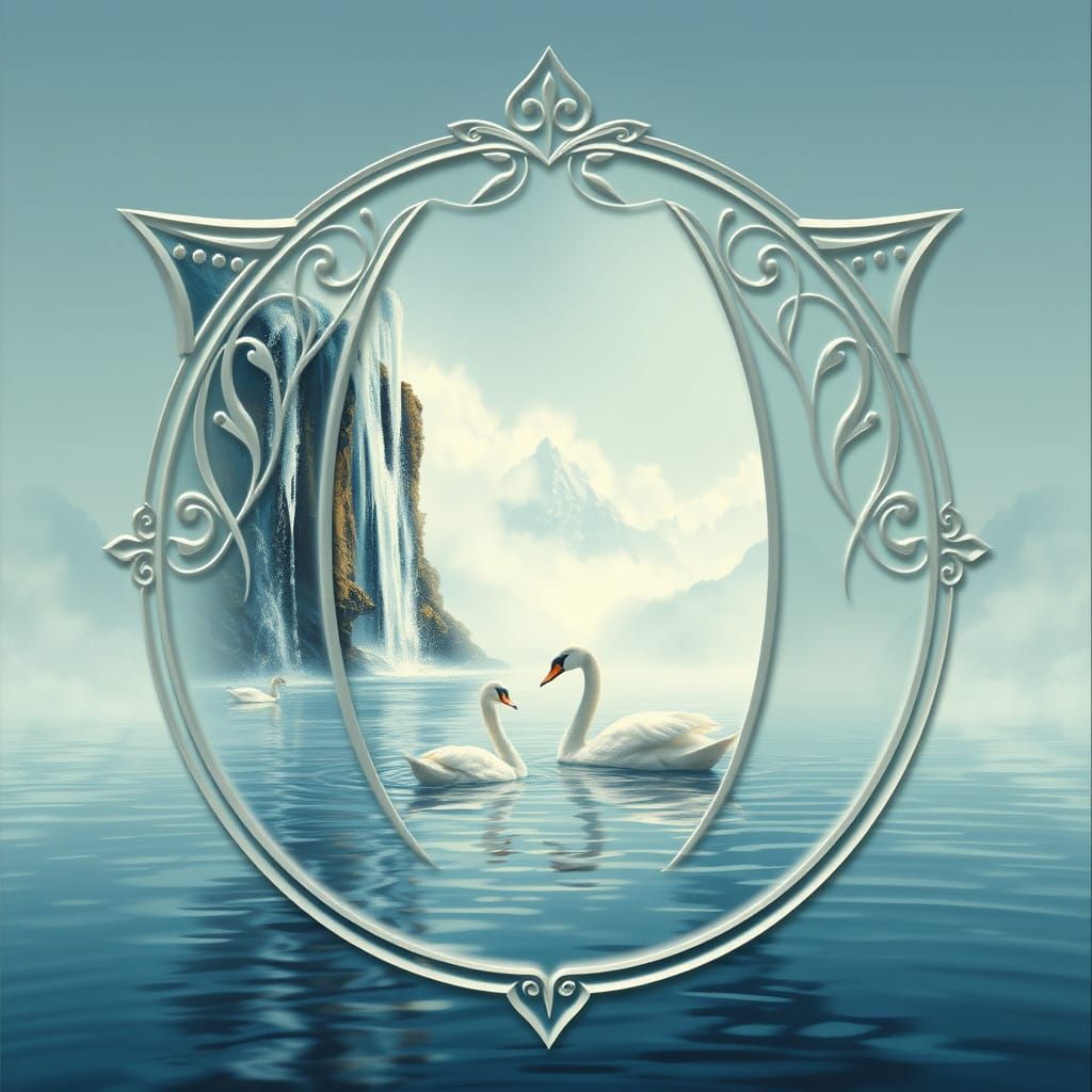 Transparent Embossed W Frame Art Deco Waterfalls Lake Swans