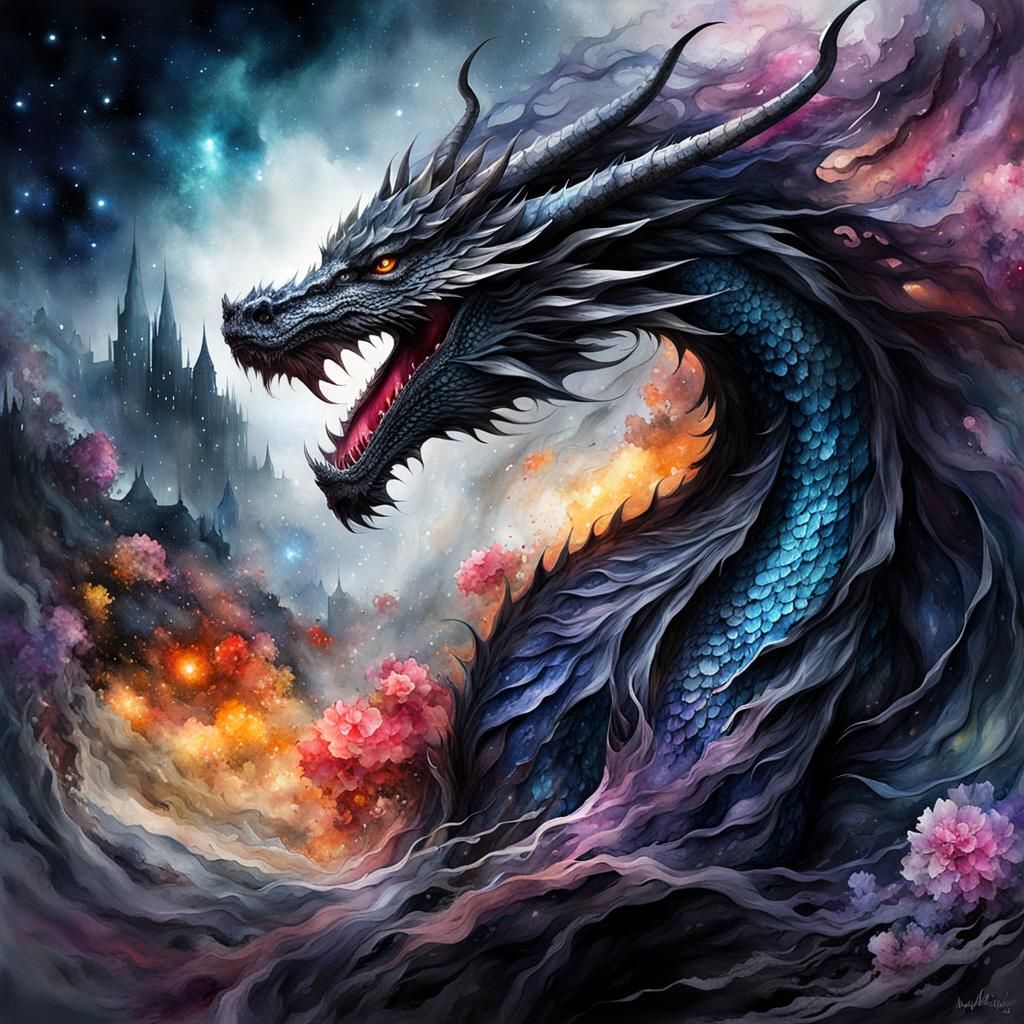 Dark Dragon in Watercolor Fantasy Landscape