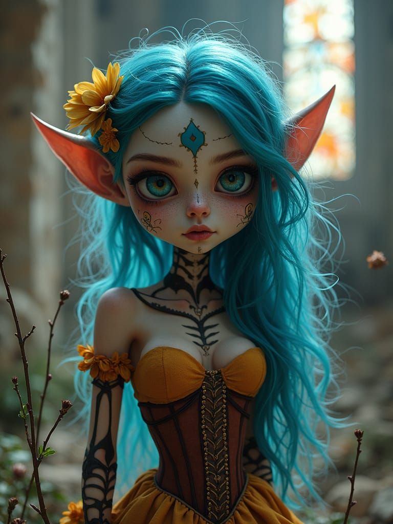 Sugar Skull Elf in Ruined Mexican Church