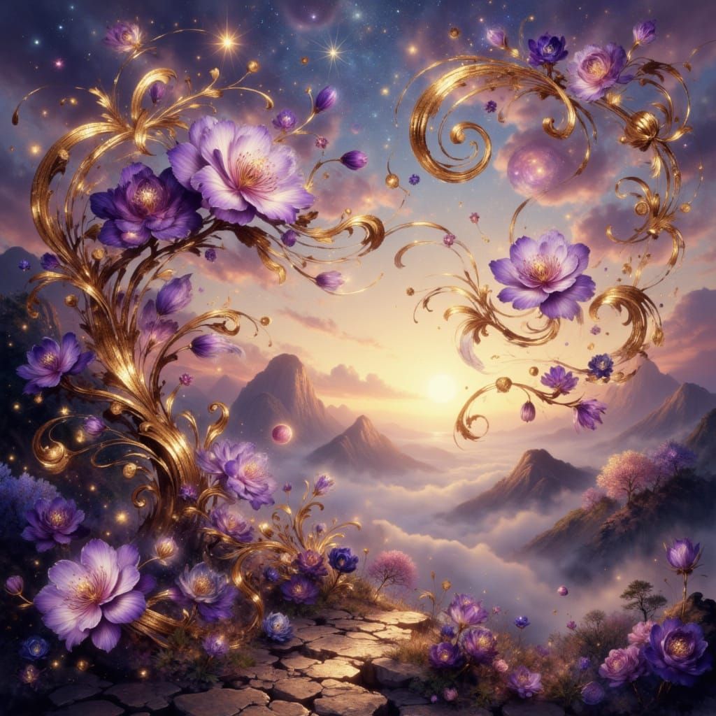 Opulent Baroque Fantasy Sky with Swirling Gold and Purple Fl...
