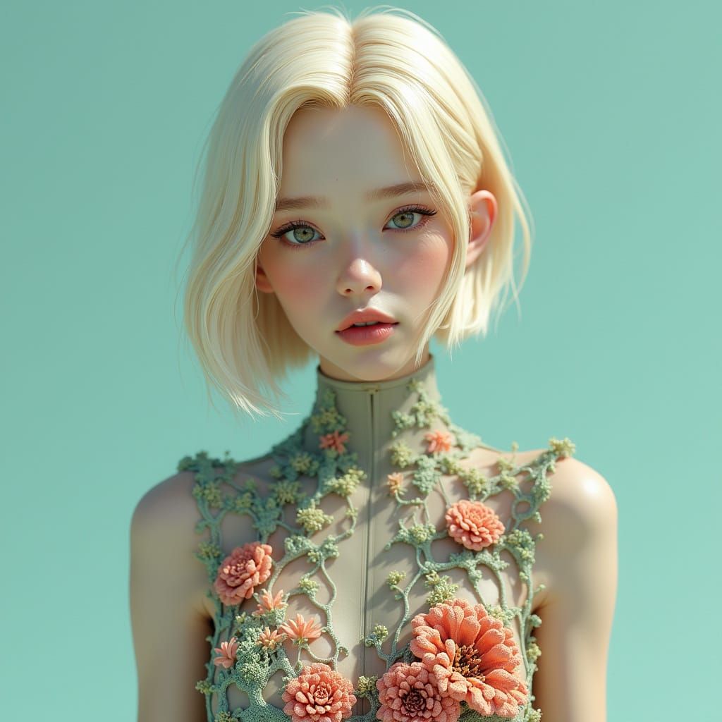 Young Woman in Coral Dress: 3D Render