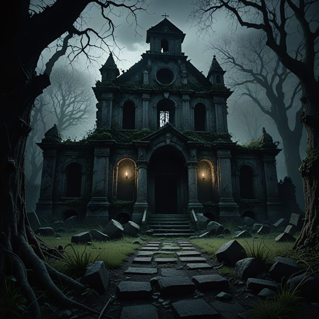 Eerie Spirit in Abandoned Garden Tomb: Cinematic Still