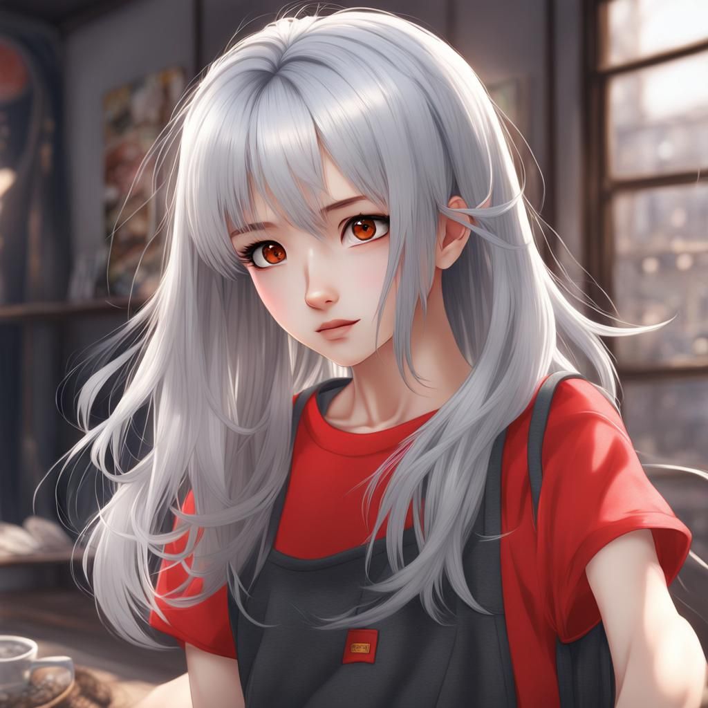 Anime Girl with Silver Hair in 3D Style