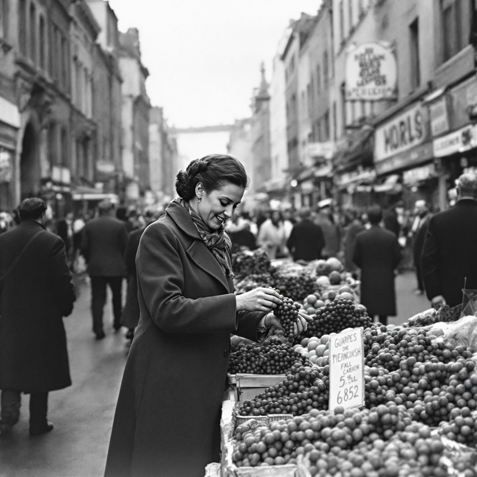 Vintage Street Scene with Woman Buying Grapes