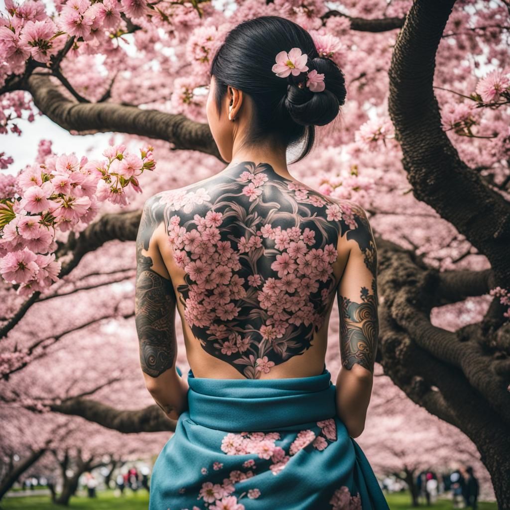 A japanese woman with cherry blossom tree tattoos