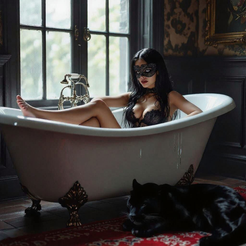 Latina in Gothic Bath with Panther