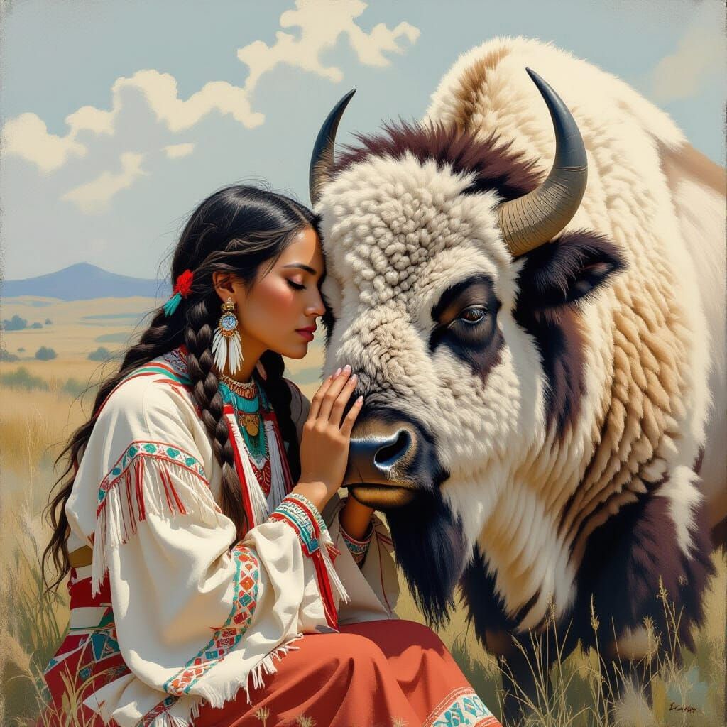 Native American Woman and White Buffalo in Serene Landscape